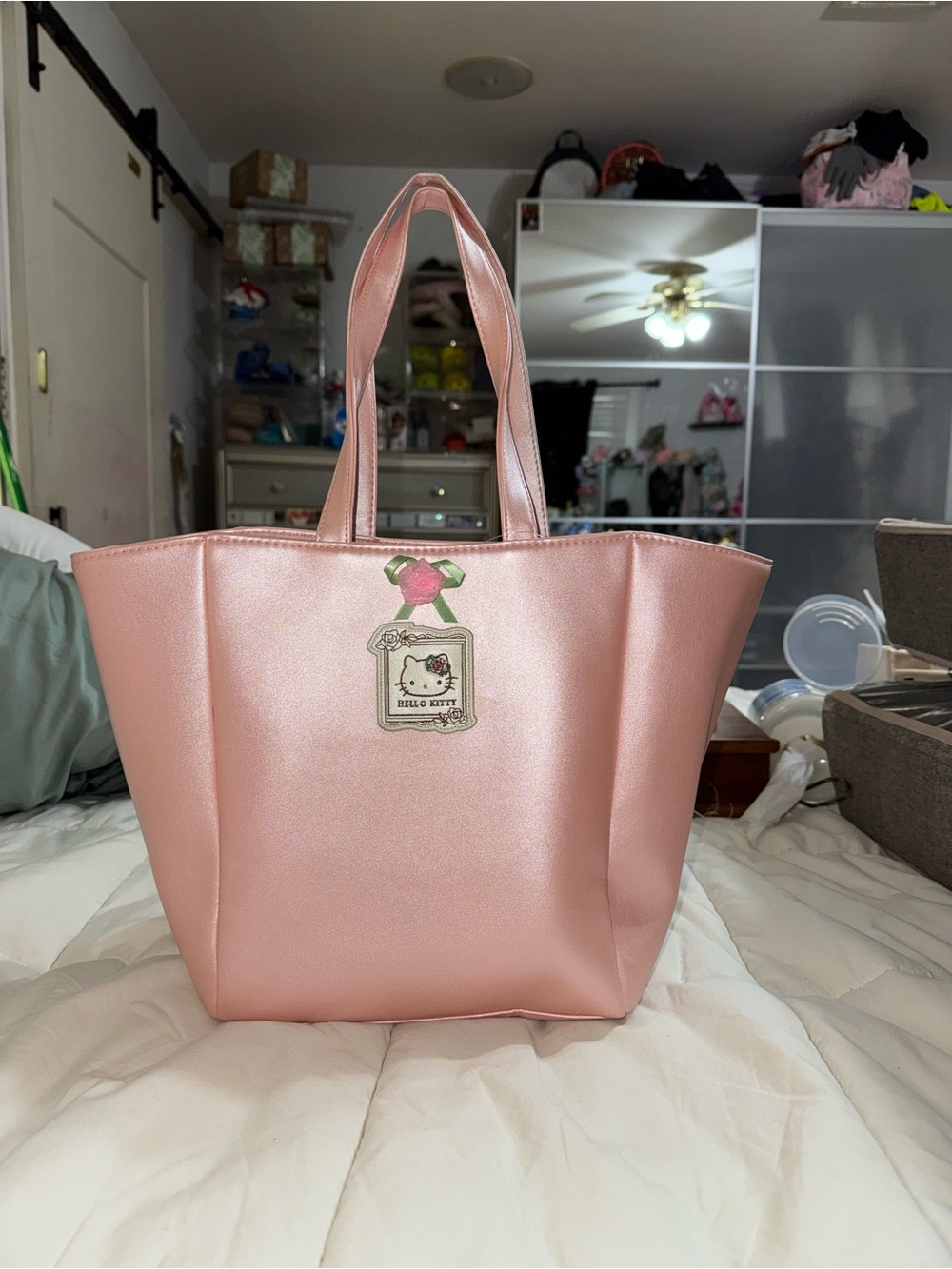 Hello Kitty Metallic Pink Tote with Bow Charm